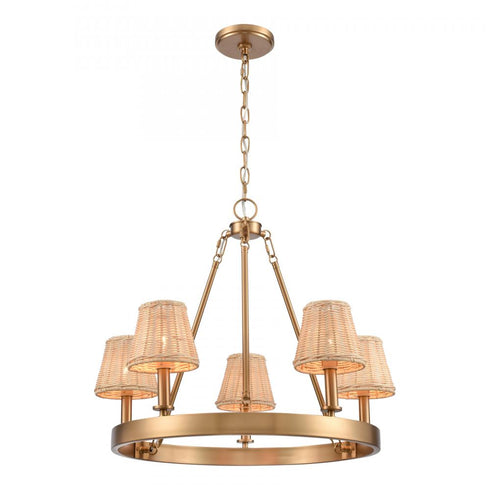 Elk Rydell 24.5 Inch Wide 5 Light Chandelier in Brushed Gold and Rattan Model: EC89756/5
