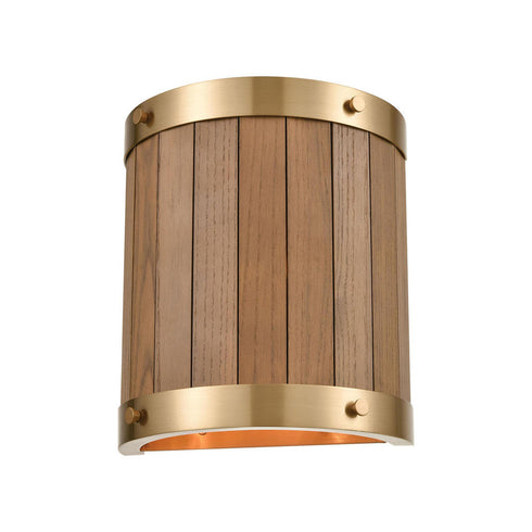 Elk Wooden Barrel 2 Light SCONCE in Satin Brass Medium Oak Medium Oak Finish Model: 33370/2
