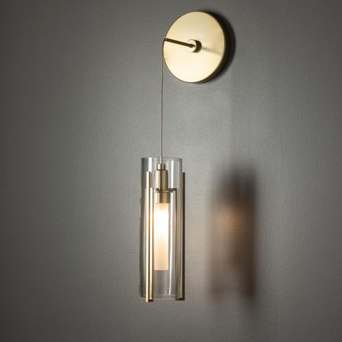 Hubbardton Forge Exos Glass Mini Low Voltage Sconce in Modern Brass Finish Model: 201394-SKT-86-GG0065