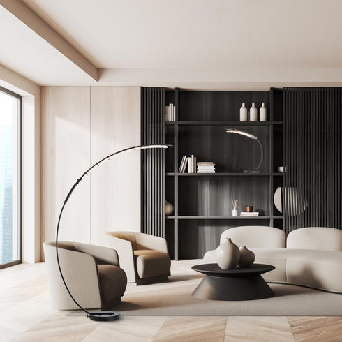 Hubbardton Forge Glissade LED Arc Floor Lamp in Black Finish Model: 241108-LED-10-ZM0749