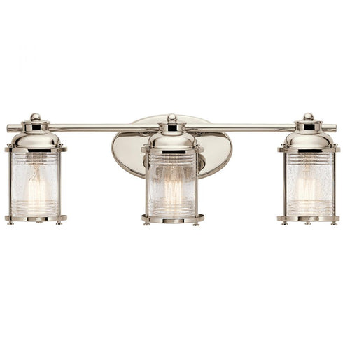 Kichler Ashland Bay 24 Inch 3 Light Vanity Light Clear Seeded Ribbed Glass in Polished Nickel Model: 45772PN