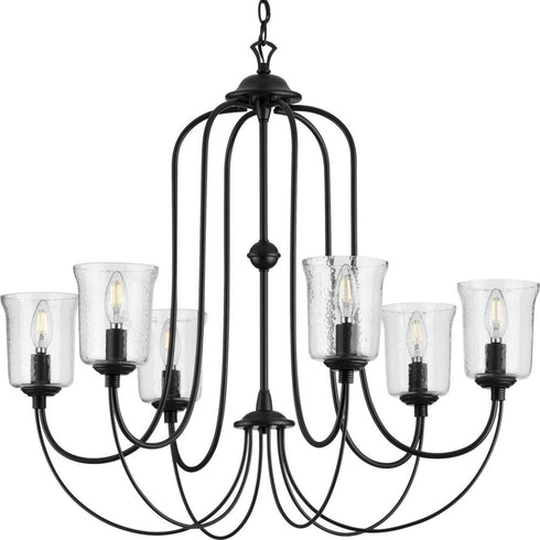 Progress Bowman Collection Six Light in Matte Black Clear Chiseled Glass Coastal Chandelier Light Model: P400195-031