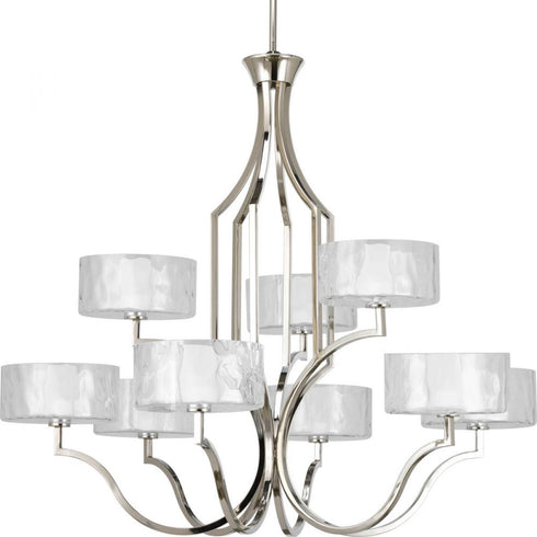 Progress Caress Collection Nine Light in Polished Nickel Clear Water Glass Luxe Chandelier Light Model: P4646-104WB