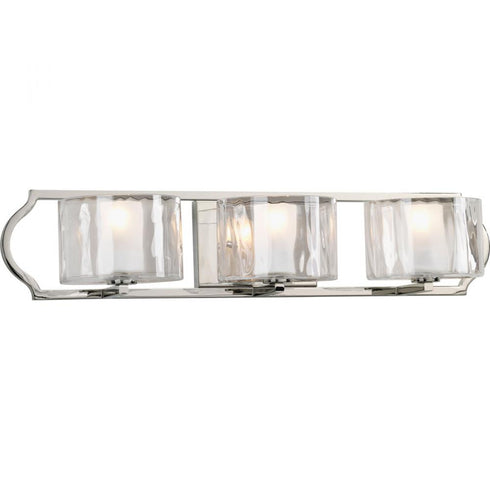 Progress Caress Collection Three Light in Polished Nickel Clear Water Glass Luxe Bath Vanity Light Model: P3077-104WB