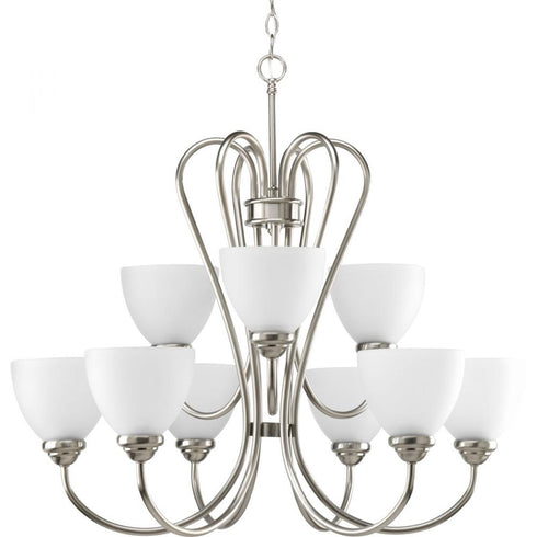 Progress Heart Collection Nine Light in Brushed Nickel Etched Glass Farmhouse Chandelier Light Model: P4668-09