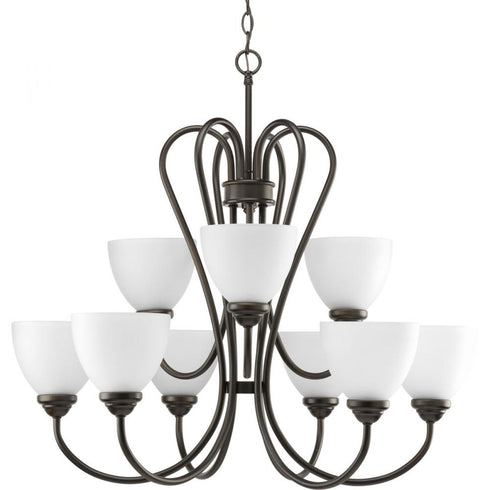 Progress Heart Collection Nine Light in Brushed Nickel Etched Glass Farmhouse Chandelier Light Model: P4668-09