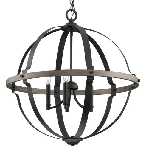 Progress Lockhart Collection Five Light Matte Blac Aged Oak Farmhouse Style Hanging Pendant Light in Matte Black Finish Model: P500279-031