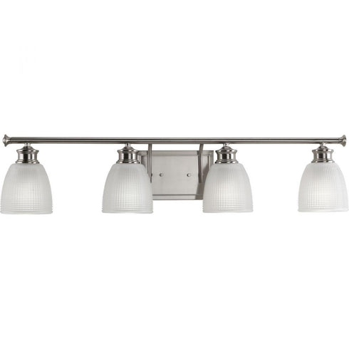 Progress Lucky Collection Four Light in Brushed Nickel White Prismatic Glass Coastal Bath Vanity Light Model: P2118-09