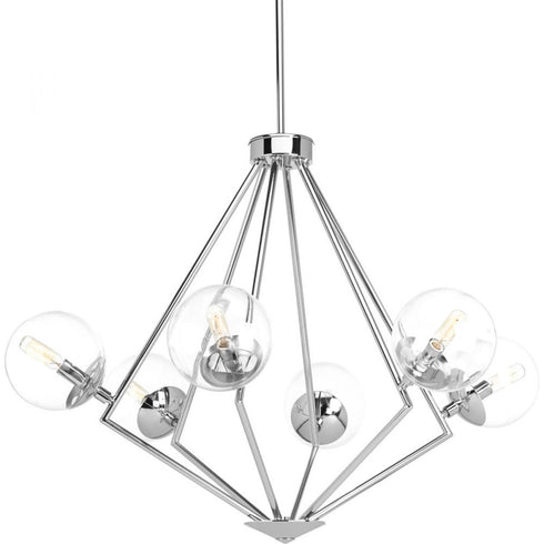 Progress Mod Collection Six Light in Polished Chrome Clear Glass Mid Century Modern Chandelier Light Model: P4756-15