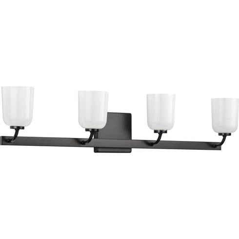 Progress Moore Collection Four Light in Brushed Nickel White Opal Glass Luxe Bath Vanity Light Model: P300283-009