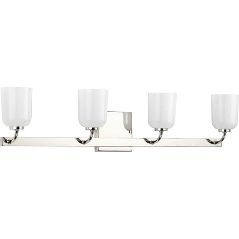 Progress Moore Collection Four Light in Brushed Nickel White Opal Glass Luxe Bath Vanity Light Model: P300283-009