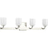 Progress Moore Collection Four Light in Brushed Nickel White Opal Glass Luxe Bath Vanity Light Model: P300283-009