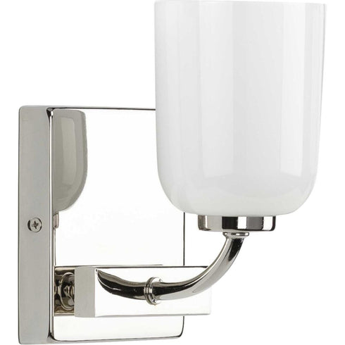 Progress Moore Collection One Light in Brushed Nickel White Opal Glass Luxe Bath Vanity Light Model: P300280-009