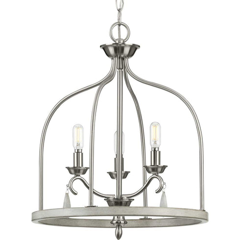 Progress Vinings Collection Three Light in Brushed Nickel and Grey Washed Oak Foyer Pendant Light Model: P500296-009