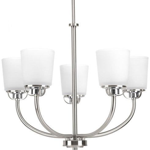 Progress West Village Collection Five Light in Brushed Nickel Etched Double Prismatic Glass Farmhouse Chandelier Model: P400009-009