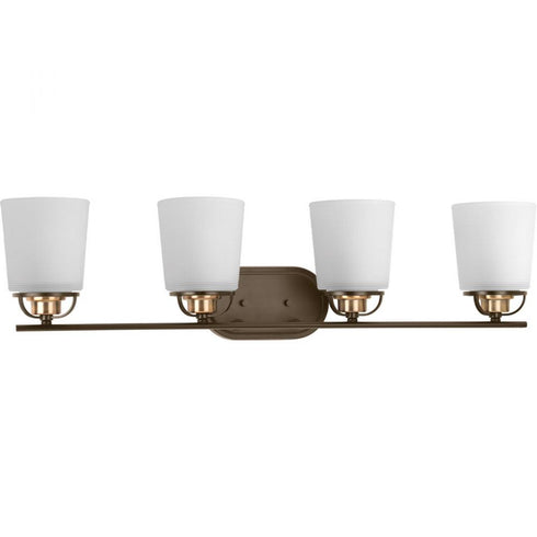 Progress West Village Collection Four Light in Antique Bronze Etched Double Prismatic Glass Farmhouse Bath Vanit Model: P300007-020