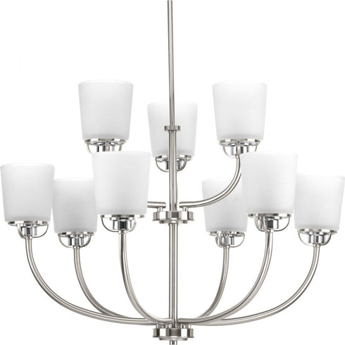 Progress West Village Collection Nine Light in Brushed Nickel Etched Double Prismatic Glass Farmhouse Chandelier Model: P400010-009