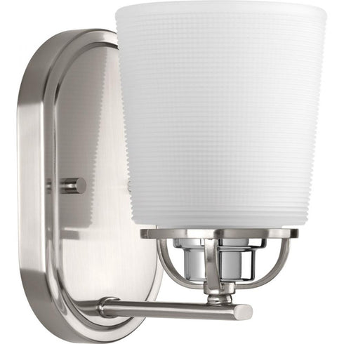 Progress West Village Collection One Light in Brushed Nickel Etched Double Prismatic Glass Farmhouse Bath Vanity Model: P300004-009