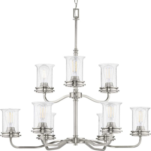Progress Winslett Collection Nine Light in Brushed Nickel Clear Seeded Glass Coastal Chandelier Light Model: P400208-009