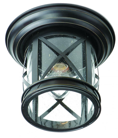 Trans Globe Chandler 11 In. Dia. Metal and Glass Outdoor Flush Mount Ceiling Light with Open Base in Rubbed Oil Bronze Finish Model: 5128 ROB