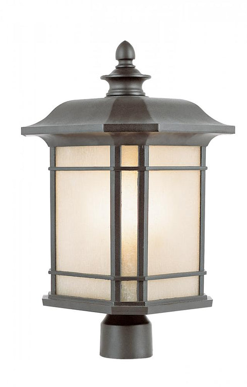 Trans Globe San Miguel Collection Craftsman Style Post Mount Lantern Head with Tea Stain Glass Windows in Black Finish Model: 5824 BK