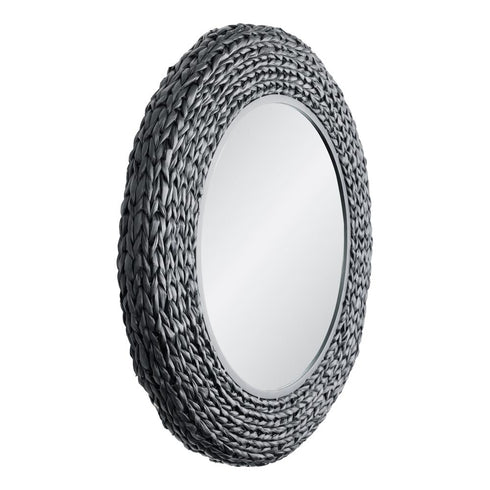 Varaluz Athena 30 in Round Wall Mirror Matte Blac Black Seagrass in Matte Black/Black Seagrass Finish Model: 457MI30MBB