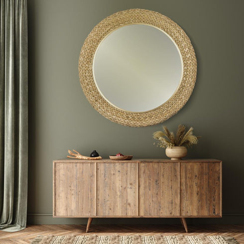 Varaluz Athena 40 in Round Wall Mirror French Gol Natural Seagrass in French Gold/Natural Seagrass Finish Model: 457MI40FGN
