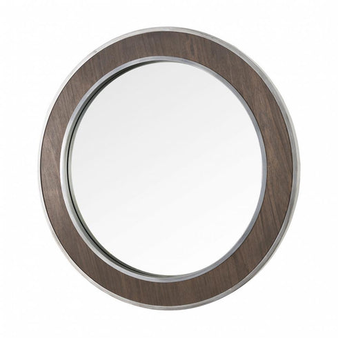 Varaluz Macie 30 in Round Wood and Metal Mirror in Farmhouse Steel Finish Model: 4DMI0120