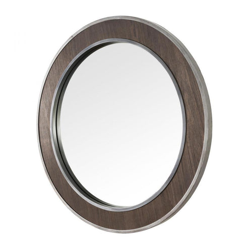 Varaluz Macie 30 in Round Wood and Metal Mirror in Farmhouse Steel Finish Model: 4DMI0120