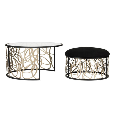 Varaluz Scribble Nesting Coffee Table and Ottoman Matte Blac Artifact in Matte Black/Artifact Finish Model: 381TC32NMBAR