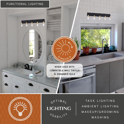 Vaxcel Seward Park 36 in. W 5 Light Vanity in Black and Satin Brass Model: W0504
