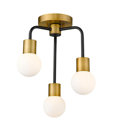 Z-Lite Neutra 3 Light Semi Flush Mount in Matte Black + Foundry Brass Finish Model: 621-3SF-MB-FB