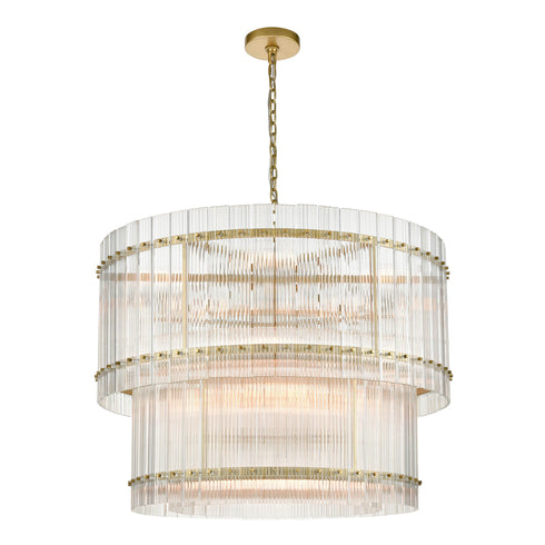 ZEEV Lighting ALLURE 16 Light Fluted Glass Panel 2 Tier in Aged Brass Drum Chandelier Model: CD10395-16-AGB