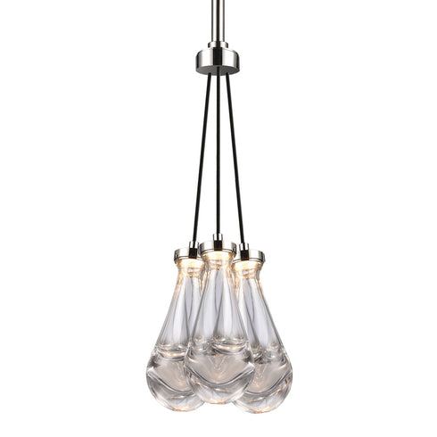 Zeev Lighting VASO 3 Light LED 3CCT 3 Light Heavy Clear Rain Drop Glass in Polished Nickel Cluster Chandelier Model: PC10911-LED-3-PN